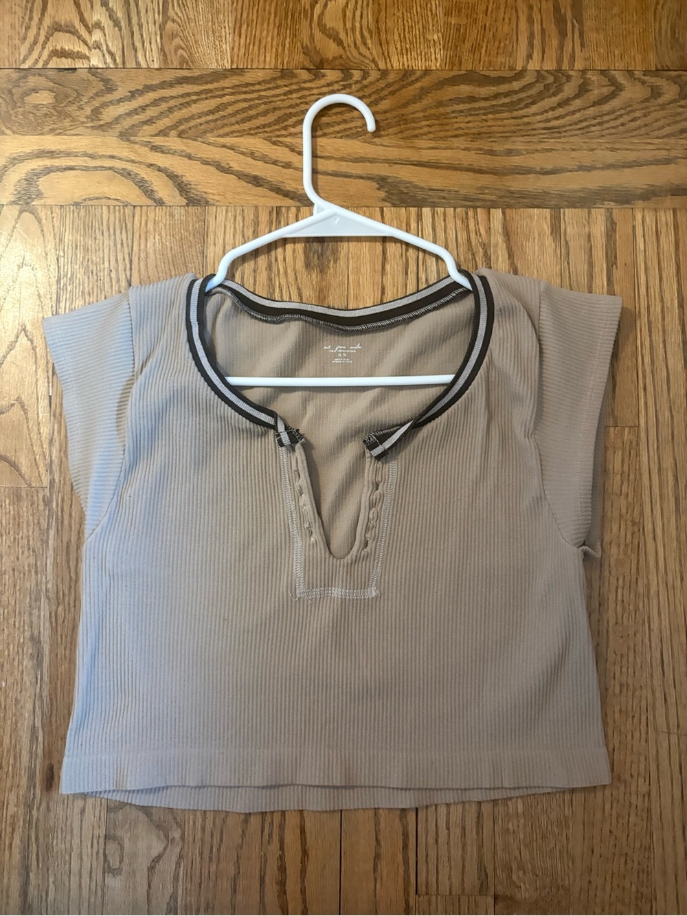 Urban Outfitters, out from under, Taupe Ribbed Crop Top with Black-Trim Neckline
